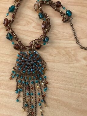 Artisan Turquoise and Amber Beaded Fringe Necklace